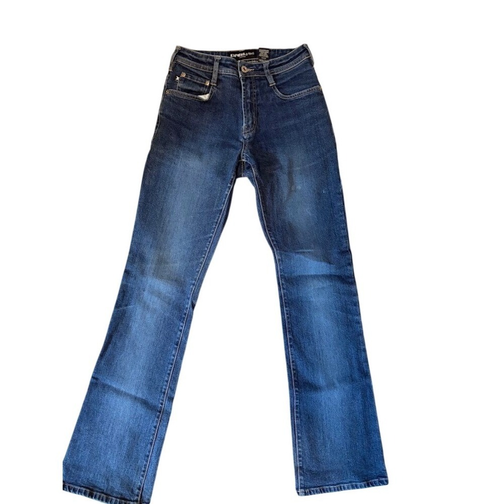 Express Jeans Womens‎ 3/4 L Stretch Fit & Flare Dark Wash Denim Blue Jeans 0007